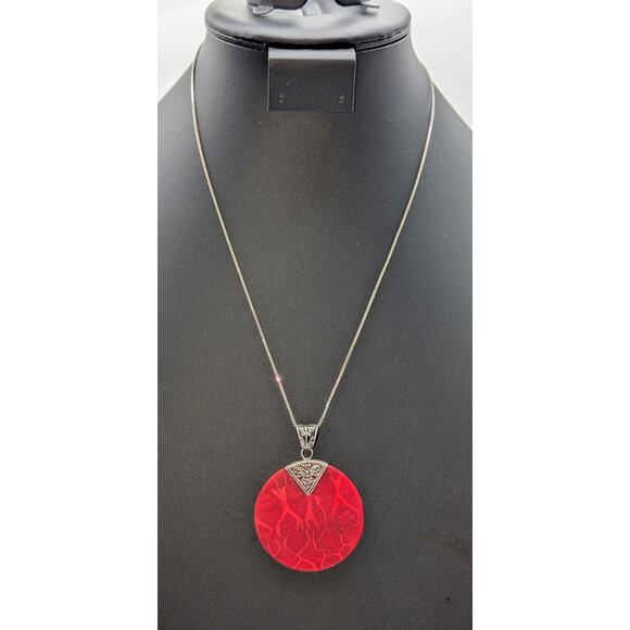 Vtg 925 Sterling Silver Bali Design Red Sponge Coral Pendant Box Chain Necklace - Picture 1 of 10